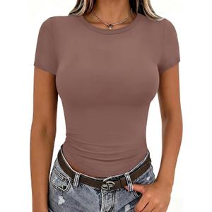 Zeagoo Women Crewneck Slim Fitted Short Sleeve T Shirts Cute Stretchy Bodycon Basic Tee Tops (Brown, M)
