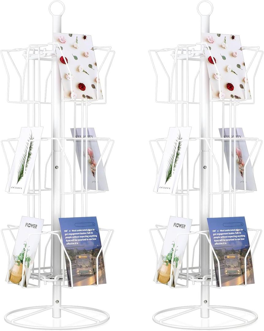 Gisafai 2 Pcs Rotating Countertop Greeting Card Rack White 25'' H x 12'' D 24 Pockets Total Business Metal Wire Rotating Book Rack with Sign Clip for Thrift Retail Grocery Convenience Stores, 3 Tiers