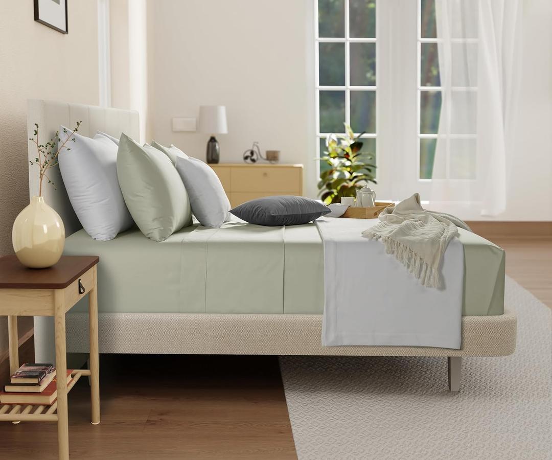 Deep Pocket Full Sheets Set, Organic Cotton Sheets Full Size Bed Set with Elasticated Fitted Sheet & Pillowcase Sets, Soft & Comfy 300 TC Sateen, No Pill & Shrink Luxury Bedding, Sage Green Sheet (09: Mineral)