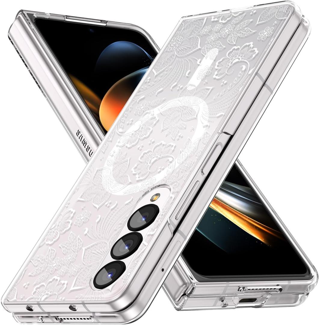 Magnetic for Galaxy Z Fold 3 Case, Clear Case with Flowers, Slim | Anti-Yellow Hard PC Protective Soft TPU Bumper Cute Cover for Galaxy Z Fold 3, White Flower Painting(10-84)