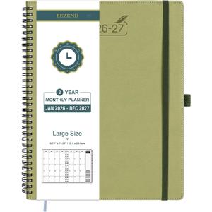 BEZEND Monthly Planner 2026-2027 (Spiral-8.5" x 11") 2 Year Calendar Book with Note Pages - Jan 26 to Dec 27-120 GSM Paper, Inner Pockets, Laminated Tabs, Vegan Leather Softcover - Kiwi