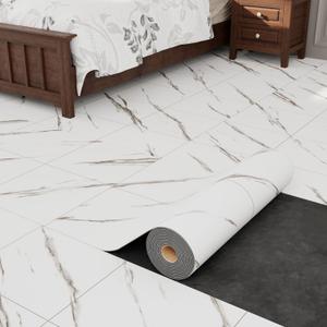Oxdigi Vinyl Floor Tiles Peel and Stick 23"x 118"/19 Sq.Ft, Thicken Self Adhesive Vinyl Flooring Roll Marble Pattern Waterproof DIY Floor Coverings for Bathroom Living Room Kitchen, White Marble