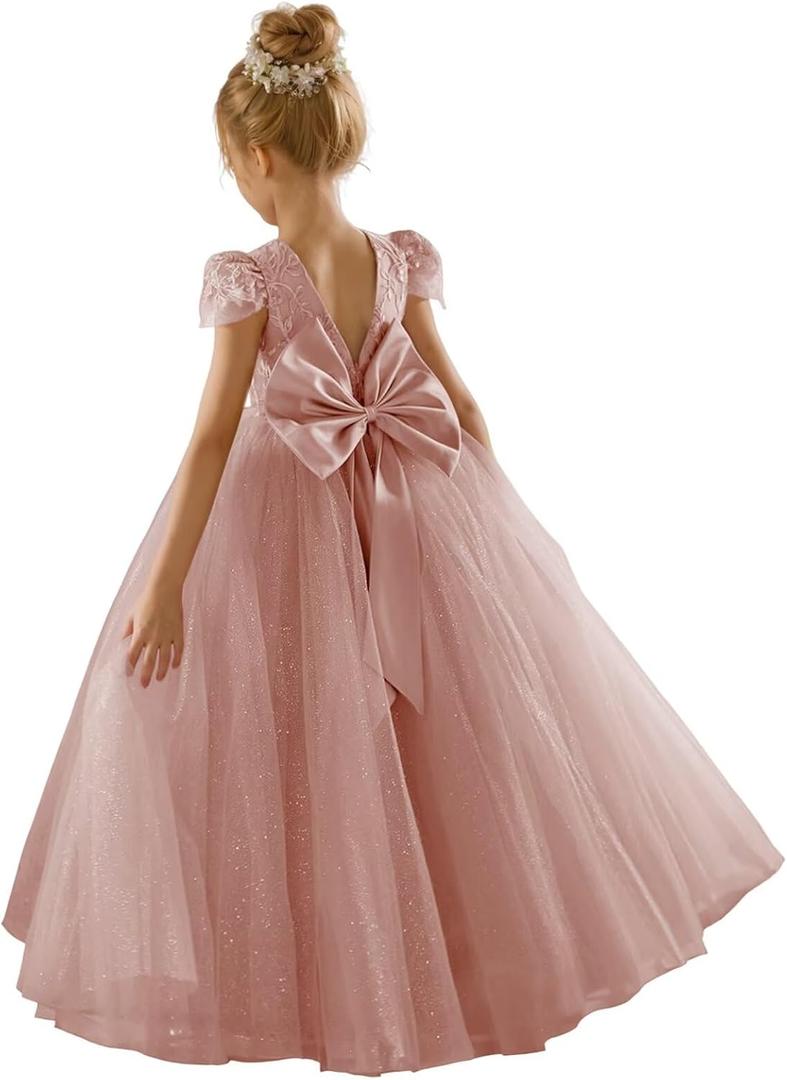 JISISANG Flower Girls Lace Cap Sleeve Dress for Wedding Puffy Tulle Back V-Neck Pageant Prom Ball Gown with Bow (6, Dusty Rose)
