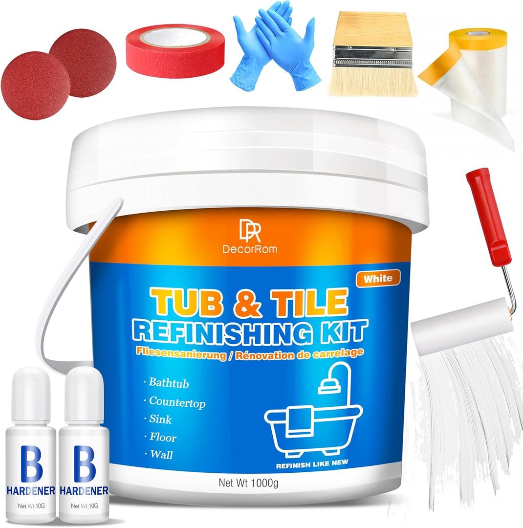 Tub and Tile Refinishing Kit, 36oz Tile Paint Bathtub Paint White for DIY Bathroom Resurfacing, Ceramic/Porcelain Tiles, Glass and Marble Sinks Waterproof,Scratch Resistant, Low Odor (Tools in Bucket)