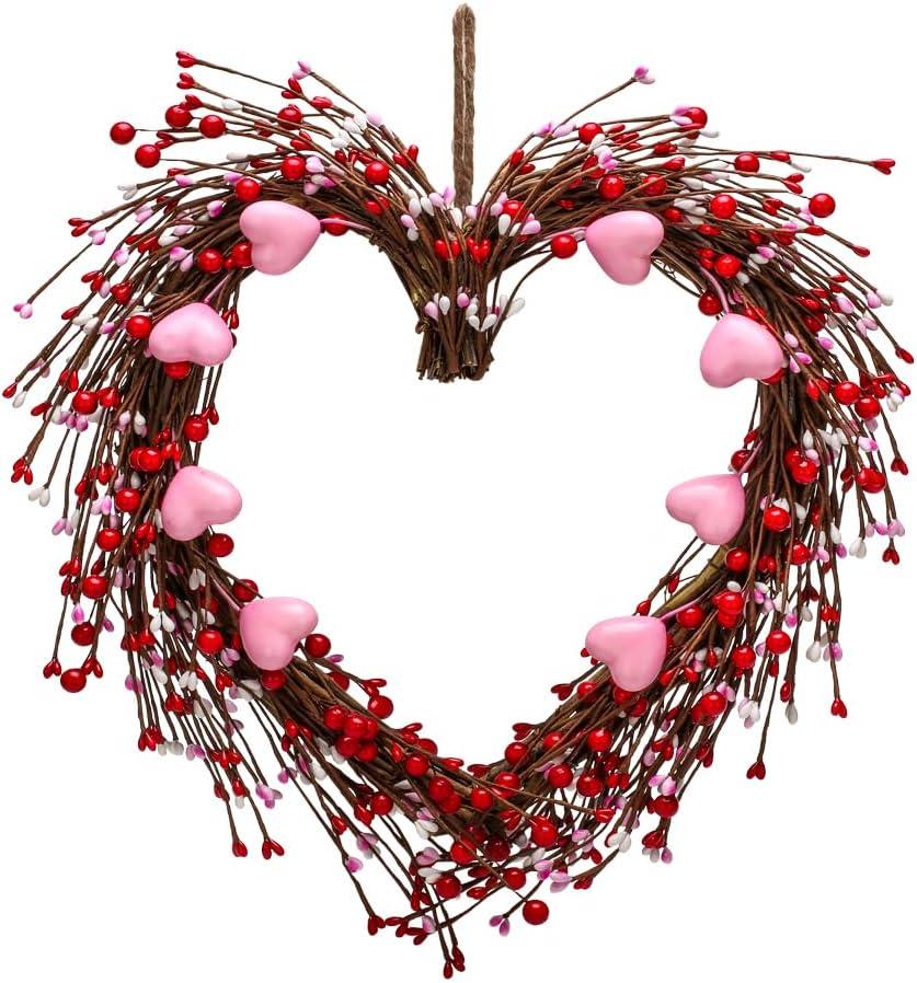 Valentines Wreaths for Front Door, 15in Valentines Day Wreath with Red Berries, Red Heart Wreaths Handmade Rustic Twig Wreath with Grapevine for Gifts Front Door Indoor Home Wedding Festival Decor