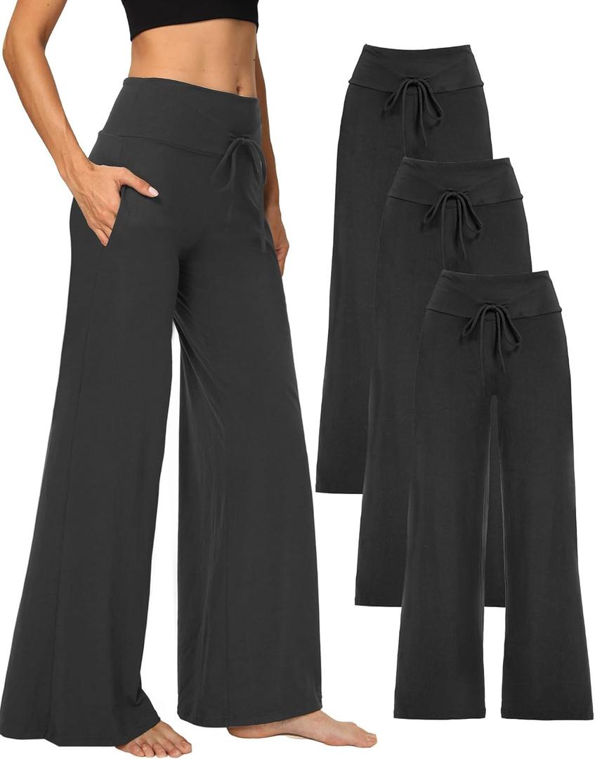 Showitty 1/3 Pack Women's Wide Leg Pants with Pockets, Casual Loose Pajama Palazzo Trousers Sweatpants for Yoga Lounge, Small