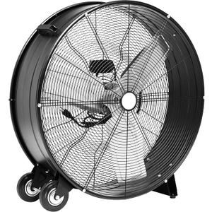 Amazon Basics 30" 300W High-Velocity Heavy-Duty Industrial Drum Fan for Cooling, Metal Housing, UL-Certified Safety Compliance, 2 Speeds, High CFM Up to 12,480, 5.9-ft Power Cord, 2 Wheels, Black
