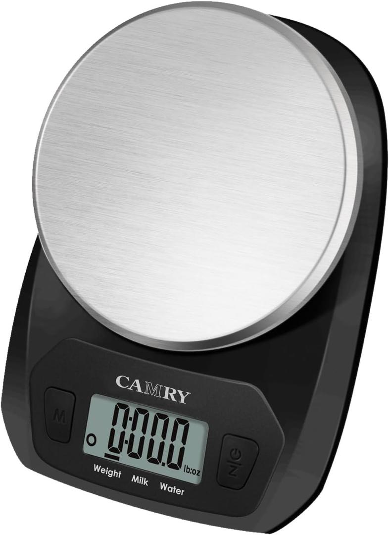 CAMRY Food Scale Portable Kitchen Scales Digital Weight Grams and Ounces Stainless Steel Panel for Baking Cooking Weight Loss, Accurate Bread Coffee Scale, 1g Increment Tare Function Small Size, Black
