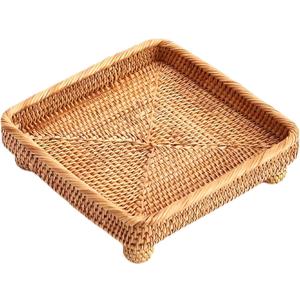 i-lan 9" Square Rattan Decorative Riser for Display,Small Items Serving Basket Vanity Tray - Square Woven Bread, Fruit, Keys Bowl Pedestal Stand,Flat Wicker Decorative Snack Trays for Candy Dish