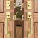 Brushed Gold Double Front Door Lock Set, Keyed Entry Front Door Handleset with Dummy, Square Heavy Duty Door Lever and Single Cylinder Deadbolt Combo, Satin Brass