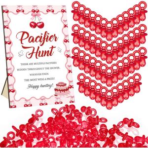 Thyle 51 Pcs She's Our Cherry on Top Theme Baby Shower Games Red Cherry Pacifier Hunt Include Hunt Sign and 50 Acrylic Pacifiers for Baby Shower Game Decoration Gift Sets Gender Reveal Party Decor, Red