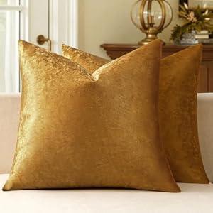 MIULEE Pack of 2 Dark Gold Velvet Throw Pillow Covers 14x14 Inch Soft Solid Decorative Square Set Fall Cushion Cases for Couch Sofa Bedroom