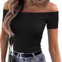 OwnTime Sexy Off the Shoulder Tops for Women Summer Short Sleeve Shirts Ribbed Slim Fitted Trendy Going Out Tops Blouses (Medium, Black)