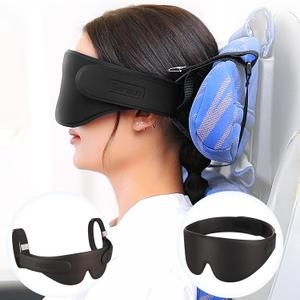 SARISUN Airplane Head Strap 3D Eye Mask, Travel Pillow Alternative for Long Flight, 360 Support Sleep Head Hold, Stop Bobblehead, Ultra-Compact Lightweight Travel Essentials, Black