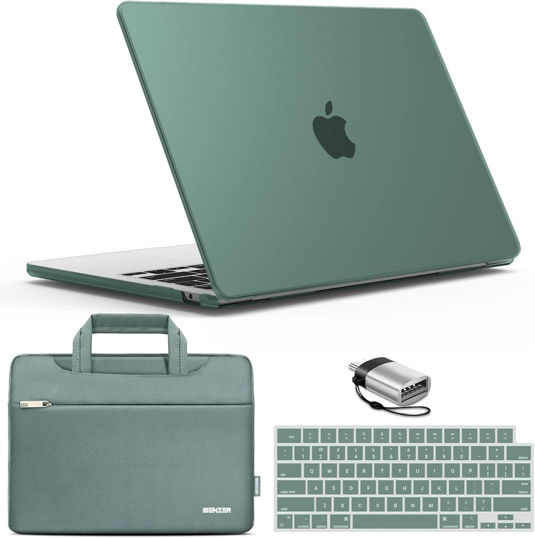 IBENZER Compatible with MacBook Air 13 inch case 2026 2025 2024 2023 2022 M4 A3240 M3 A3113 M2 A2681, HardShellCase & Sleeve & KeyboardCover &Type-C Adapter, Midnight Green, KK-MTGN+3