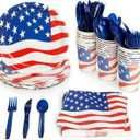 144 Piece Patriotic Party Supplies, American Flag Plates, Napkins, Cups, Cutlery for 4th of July, Memorial Day Decorations for American Themed Party, Citizenship Party (Serves 24)