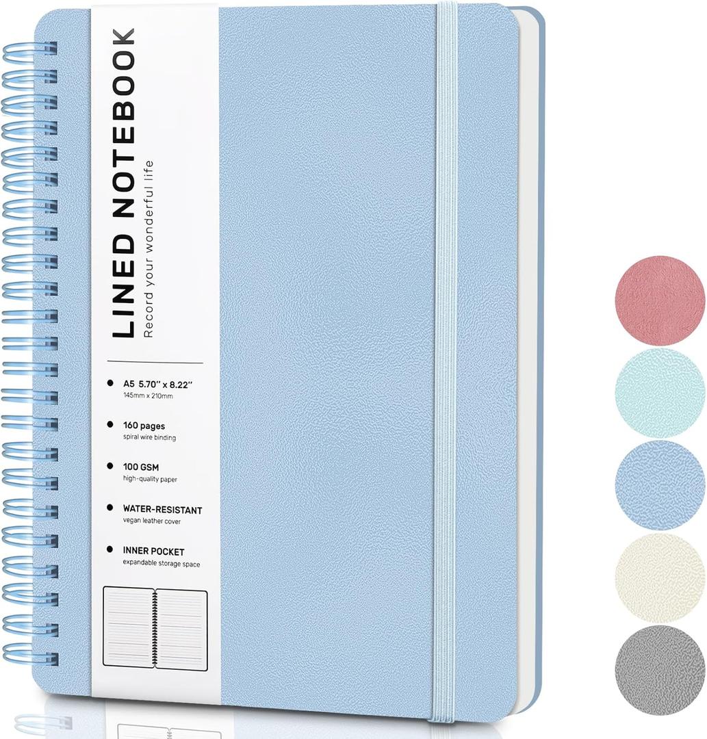 Blue Lined Spiral Journal Notebook with 160 Pages, 8×5.7in, A5 Spiral Notebook, Journaling Notebooks for Work, School, Women, Men, College Ruled Spiral Notebook, Hardcover Leather Journals
