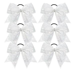 DEEKA 6PCS 8" Large Glitter Cheer Bows with Full Rhinestones Colorful Shimmer Shiny Cheer Hair Bows Elastic Band Ponytail Holder for Cheerleader Girls Sports -White