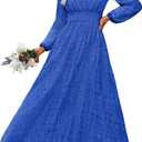 Women's Long Puff Sleeve Floral Maxi Dress V Neck Lace Eyelet Hollow Out A Line Flowy Boho Spring Wedding Guest Party Dresses, M