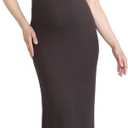 Motherhood Maternity Women's Short Sleeve V-Neck Henley Rib Knit Bodycon Maxi Pregnancy Dress (Brown, S)