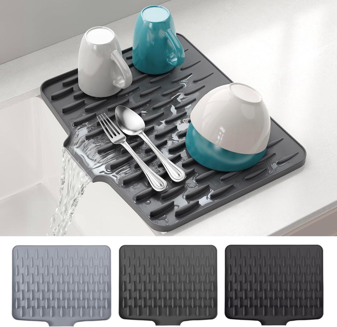 2 x CHIKILLA Silicone Dish Drying Mat for Kitchen Counter, Fast Drainage Design for Vegetables Fruits, Heat Resistant, Non-Slip , Dishwasher Safe  15.7x13 inch Urban Gray