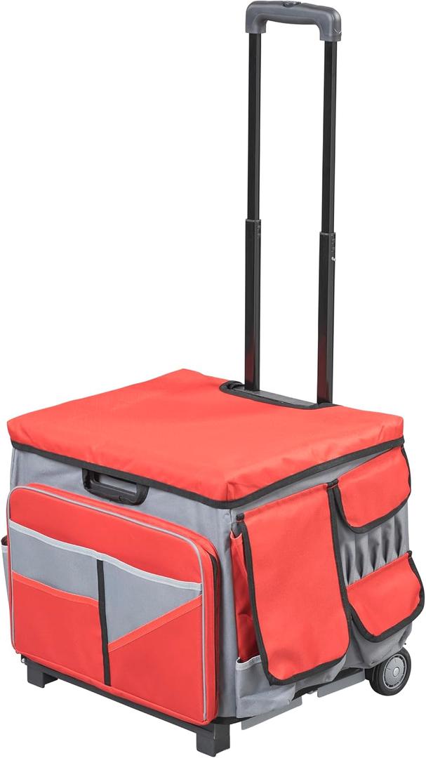 Folding Mobile Utility Cart, Canvas Organizer Bag, Red/Grey