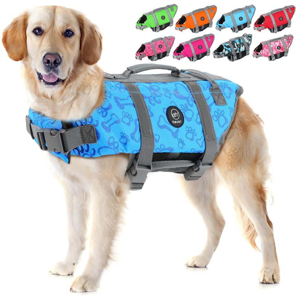 EMUST Life Jackets for Dogs, Adjustable Dog Swim Vest for Water Safety Pet Life Vest with Rescue Handle Safety Vest for Swimming Pool Beach Boating, XL, NewBlue