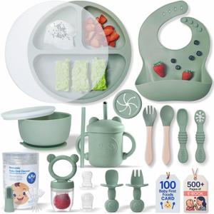 Remonda 23-Piece BPA-Free Silicone Baby Feeding Set | Extra Large Suction Plates, Toddler Bowls, Self Feeding Spoons, and More | Dishwasher Safe| Baby Led Weaning Supplies (Green01)