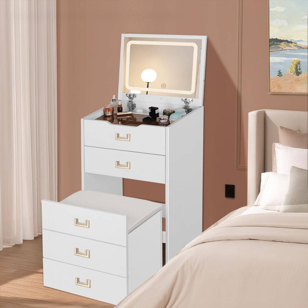 3-in-1 Corner Vanity Desk & Nightstand Combo with Flip-up Mirror and Rolling Stool, Glass Top Makeup Dressing Table with Hidden Storage Drawers for Small Bedroom Spaces