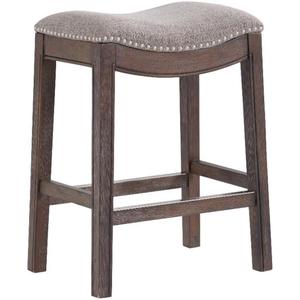 Williston Counter Height Stool, Dark Brown, Solid Rubberwood Frame with Gray Linen-Like Upholstered Seat, Silver Nailhead Accents, Footrest with Metal Kick Plate