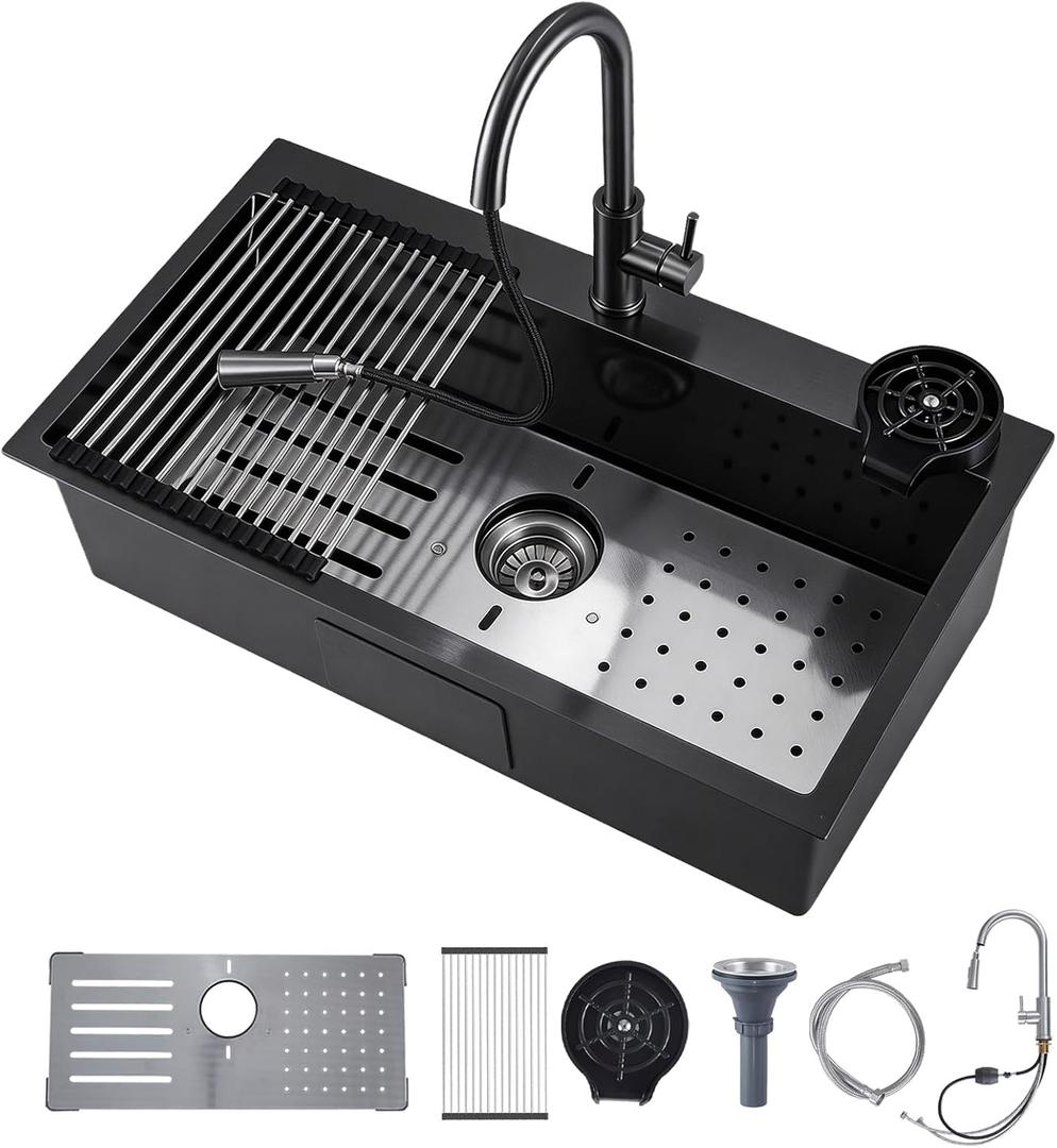 33 Inch Kitchen Sink, 304 Stainless Steel Sink, Single Bowl, Drop In Kitchen Sink with Complete Accessories, Perfect for Homes, and Modern Kitchens in All Settings (Gunmetal, 33 * 18 in)