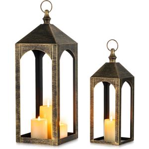 Large Outdoor Lanterns for Porch: 23" & 17" Set of 2 Floor Lantern Decorative Indoor Candle Holder for Front Porch Patio Fireplace Vintage Home Decor