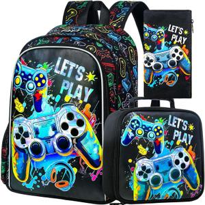 KLFVB 3PCS Dinosaur Backpack for Boys, 16" Kids Bookbag and Lunch Box, Preschool Backpacks for Elementary Students (Upgraded Uv Printing Game Console Backpack Set)