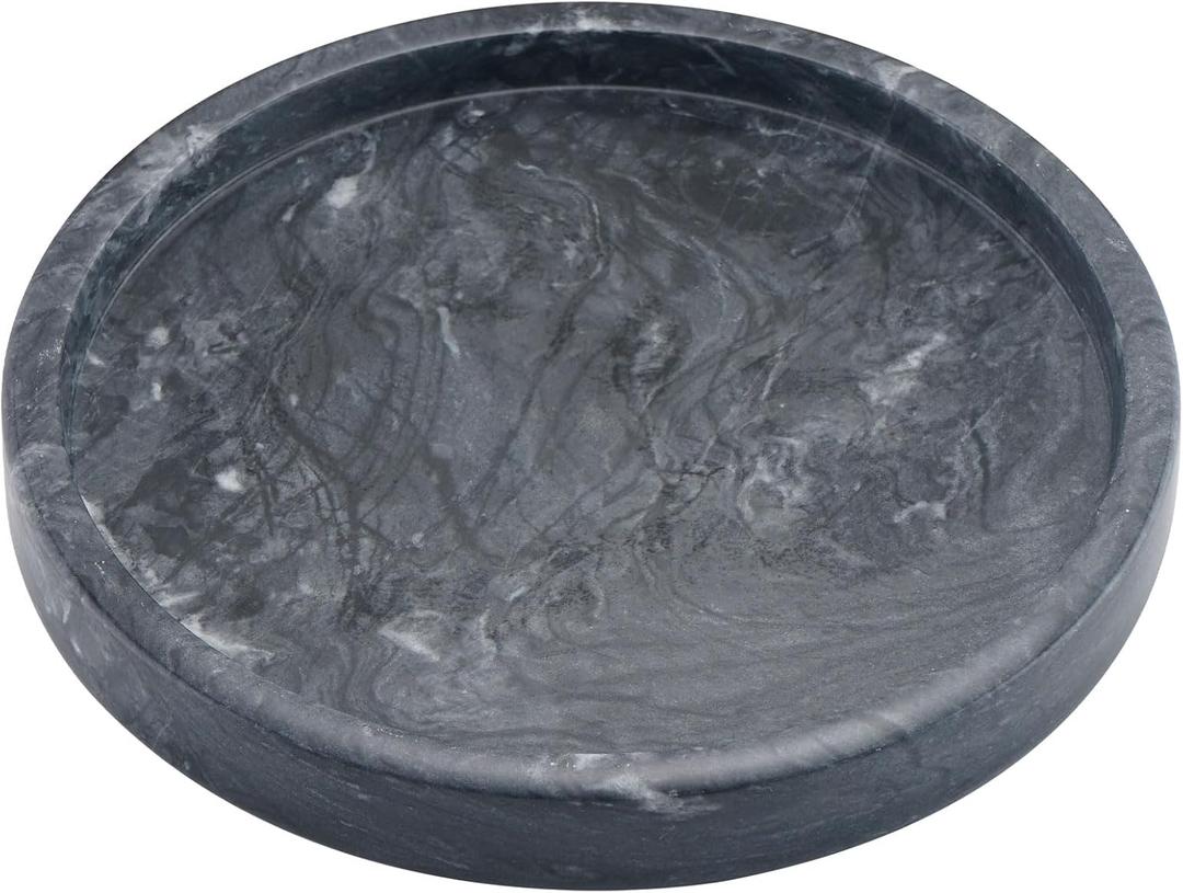 10" Genuine Grey Marble Round Tray - Elegant Decorative Real Stone for Bathroom, Kitchen, Dresser & Vanity, Ideal for Holding Jewelry, Perfume & Shampoo