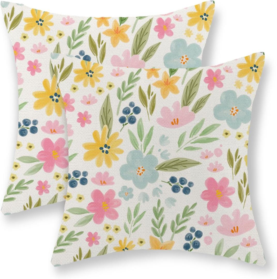 Spring Pillow Covers 24x24 Set of 2 Watercolor Yellow Pink Blue Floral Throw Pillows Summer Spring Flowers Leaf Print Decor Pillowcase Farmhouse Outdoor Decorations Cushion Case for Couch Home
