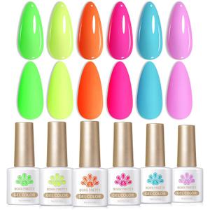 Born Pretty Gel Nail Polish Spring Summer Neon Fluorescent Orange Hot Pink Blue Yellow Green Purple Soak Off U V LED Gel Nail Polish Set Nails Art 7ml 6pcs