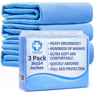 Vakly XL Washable Underpads 36 x 54 in (3 Pack)  Reusable Waterproof Incontinence Bed Pads, Heavy Absorbent Mattress Protector for Adults, Seniors, Kids & Pets