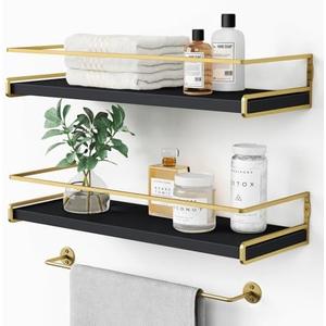 Forbena Black and Gold Floating Shelves for Wall, Bathroom Wall Shelves Over Toilet, Wood Hanging Shelves Wall Mounted for Kitchen Coffee Bar (Black and Gold)