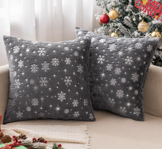 MIULEE Set of 2 Christmas Decorative Throw Pillow Covers Soft Faux Fur Winter Pillow Covers with Silver Snowflake Glitter Holiday Festival Pillowcases for Couch Sofa Bed, 1818inch, Gray