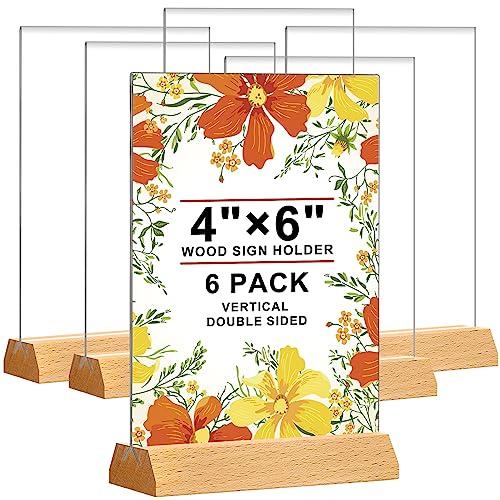 Acrylic Sign Holder 4 x 6 - Wedding Table Number Holder with Wood Base, Double Sided Picture Frames, 6Pack Clear Table Menu Display Stand for Centerpiece,Decoration,Party,Restaurants Office Store