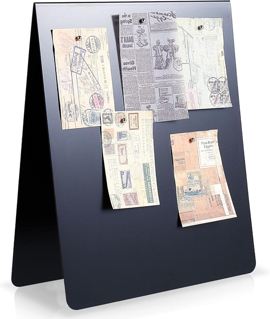 Leinuosen 1 Pcs 11 x 9 Inch Magnetic Bulletin Board Metal Magnet Board Magnet Display Stand for Tabletop Desktop Home Kitchen Office Decor (Black)
