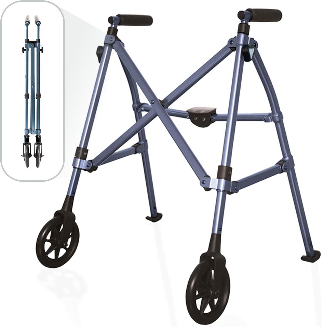 Stander Space Saver Walker Short, Lightweight Folding Rolling Mobility Aid for Juniors & Petite Adults, Compact 2-Wheel Disability Device with 6-inch Wheels & Rear Ski Glides, Cobalt Blue