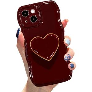 Cute Case for iPhone 13 6.1'', Wine Red Soft TPU Shape Shockproof Protective Cover with Stand, Luxury Bumper Wave Frame Curly Shape Love Heart Holder Kickstand Phone Case for Girls Women
