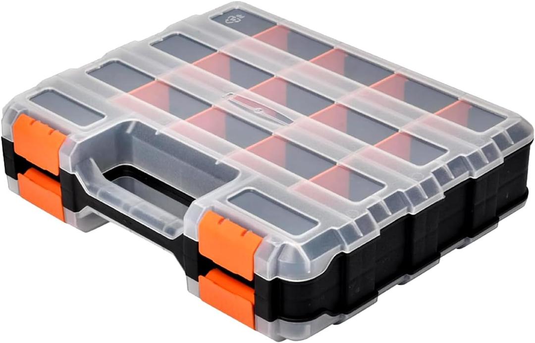 Small Parts Organizer, 34-Compartments Hardware Organizer Box, Double Side Storage Case Tools Box with Removable Dividers for Screws, Bolts, Nails, Beads, Jewelry & More (1 Pack, Orange)