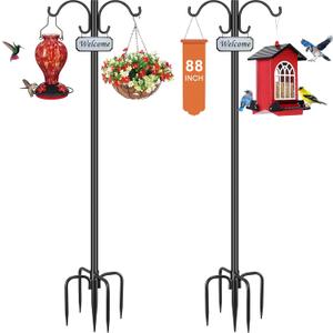 Heavy Duty Double Shepherd Hooks for Outdoor 1-in Dia with 5-Prong Base, 88inch Adjustable Decorative Metal Bird Feeder Pole for Hanging Bird Nest, Plant Basket,Lantern,Solar Light 2 Pack