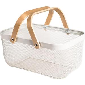 Metal Mesh Steel Harvest Basket, Rectangle Wire Garden Basket with Handle Multi-functional Storage Organizer for Gathering Vegetables, Fruits, Kitchen, Garden, Picnic & Cabinet (Ivory)