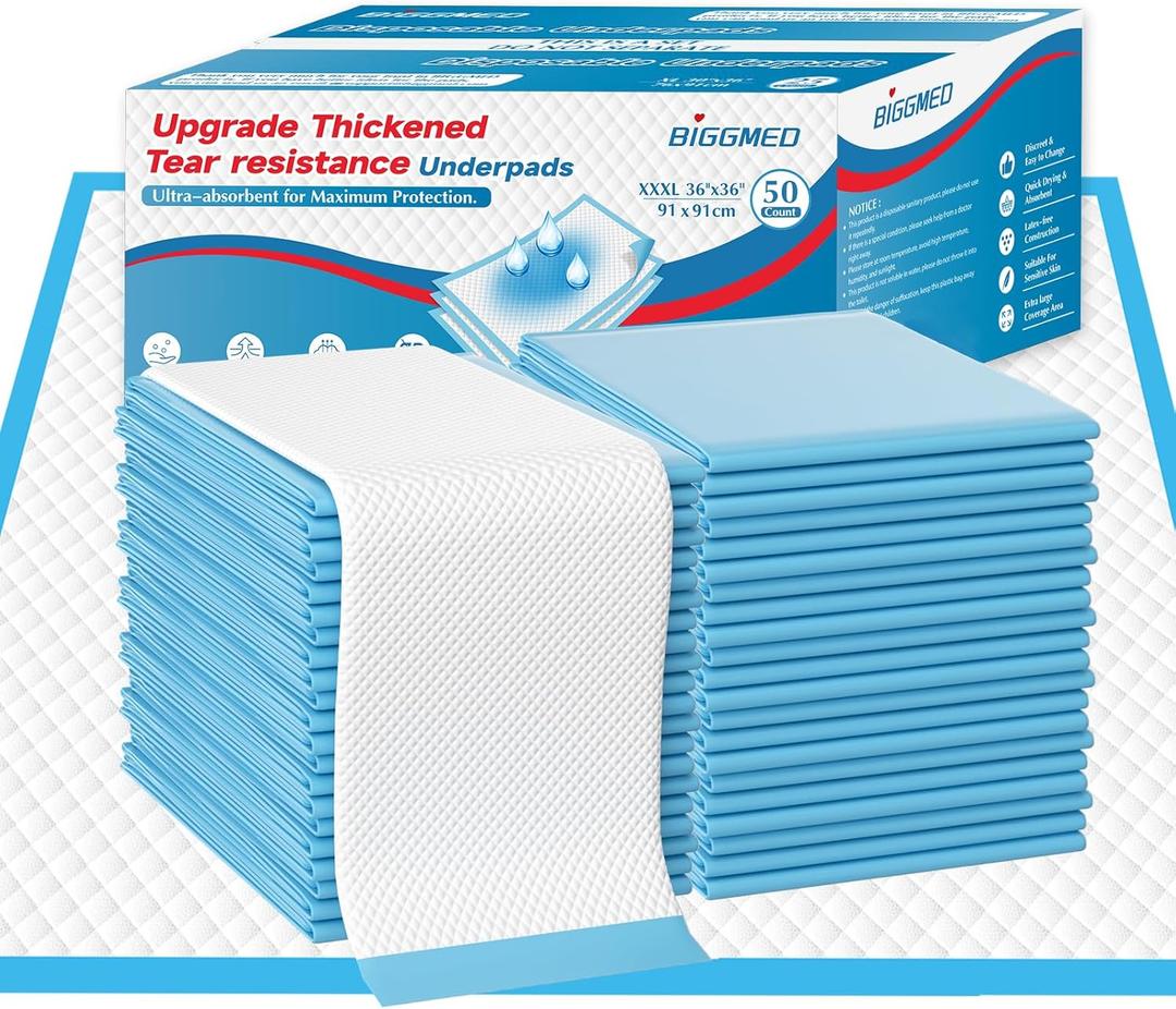 Tear-Resistant Disposable Bed Pads 36" x 36" 50 Count Super Absorbent Underpads, Chux Thicker Extra Large Incontinence Bed Pads, Pee Pads for Adults, Kids, Elderly, Pets