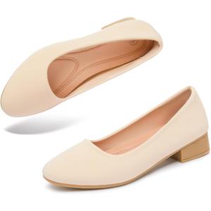 ALTOCIS Womens Low Block Chunky Heels Pumps Ladies Elegant Closed Round Toe Pumps Shoes Low Platform Office Pumps Shoes (8, Nature)