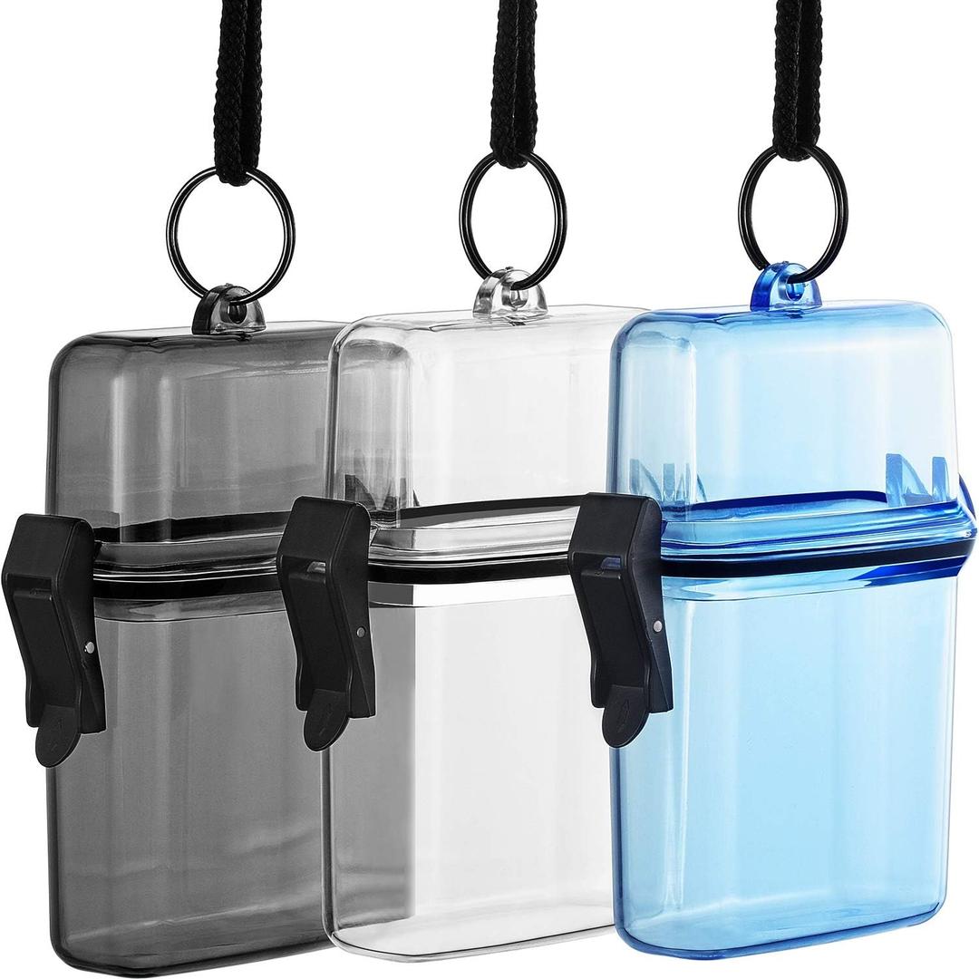 Outus 3 Pcs Waterproof ID Badge Holder Case with Waterproof Buckle Floating Sports Case Locker with Adjustable Hanging Rope Plastic Card Dry Box(Clear, Gray, Blue,4.72 x 2.95 x 1.57 in,Classic)