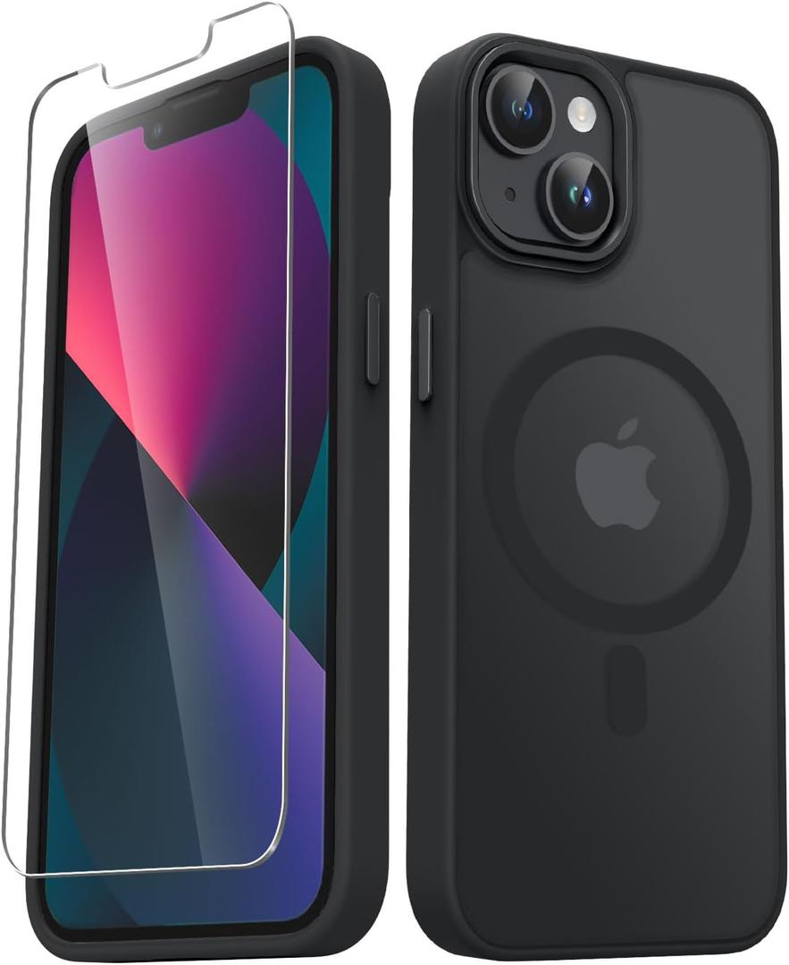for iPhone 14 Case, iPhone 13 Case, with 1 Screen Protector, Matte Magnetic Slim Phone Cover, Support for Magsafe, Shockproof Protection Translucent Frosted Back,Black